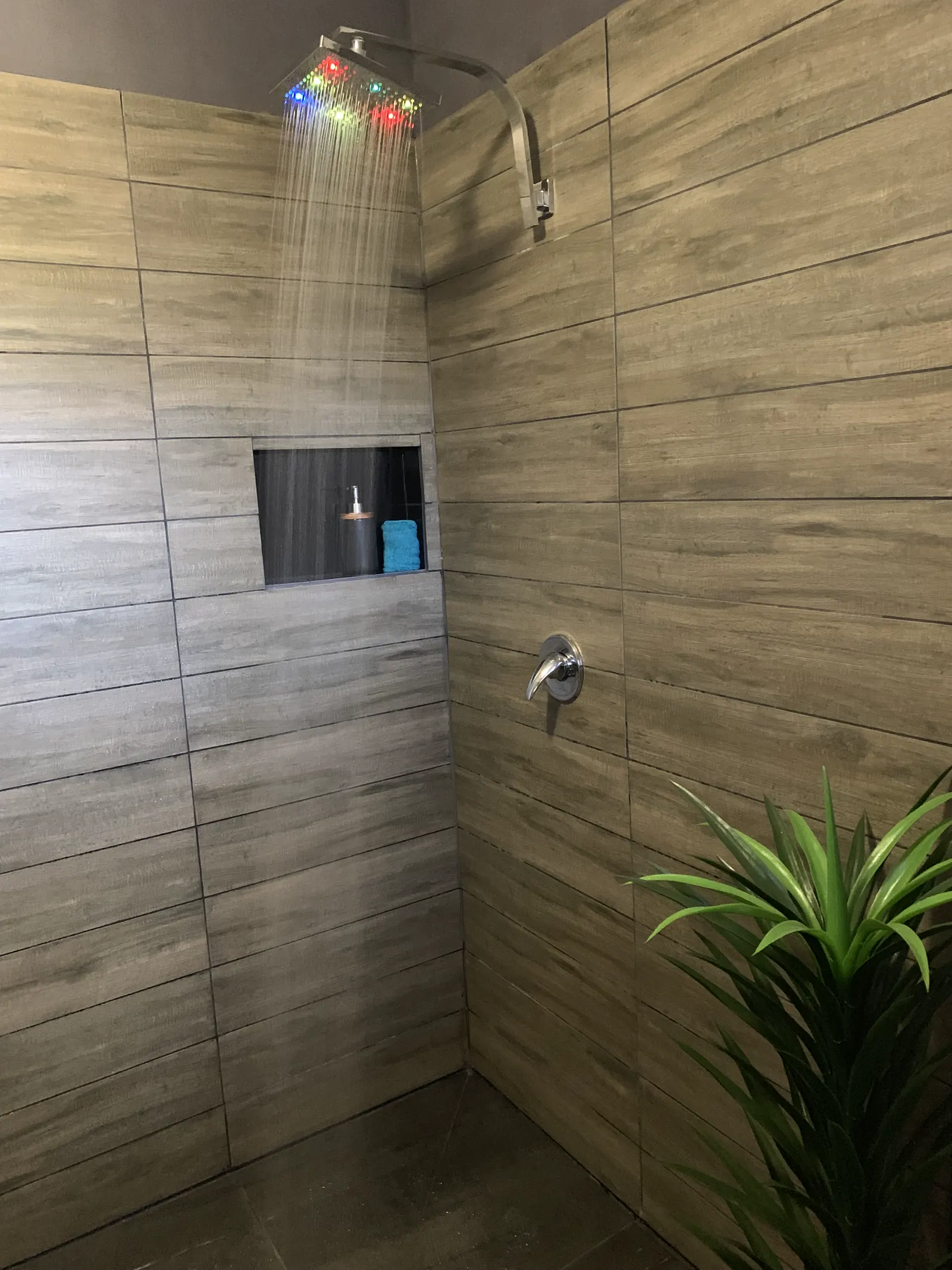 Tiled shower with an illuminated rain showerhead — Couples Private Spa Retreat Villa 117, Cowes, Phillip Island